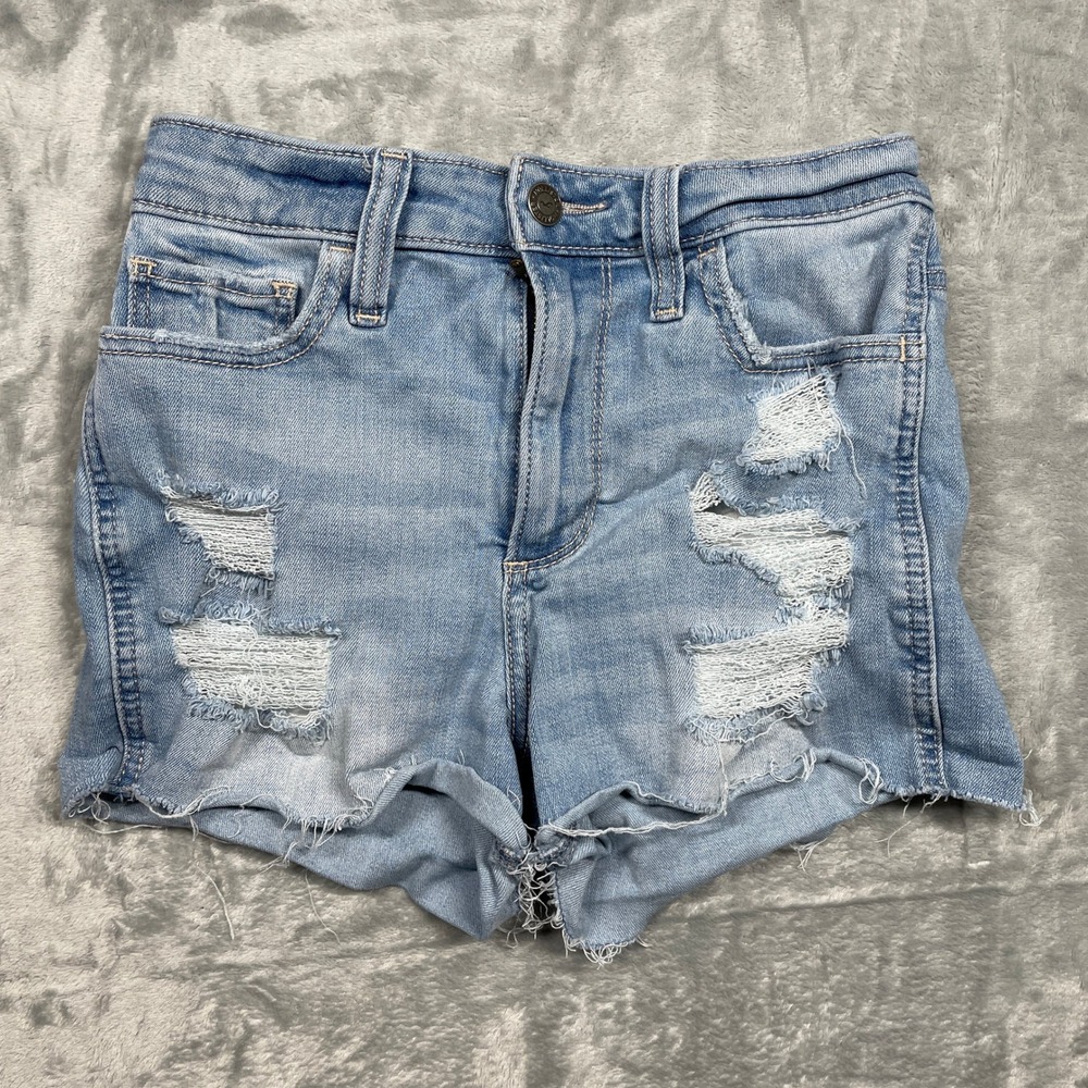 Hollister Curvy High Rise Short 3 Inch Distressed Denim Jeans Size 25